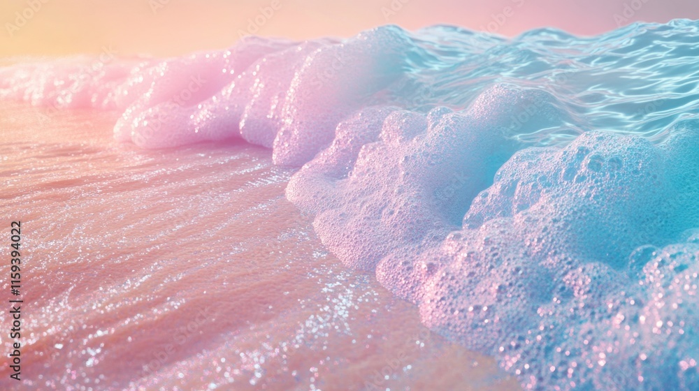 Poster waves softly crash onto a beach while the sunset paints the sky in vibrant colors, creating a serene