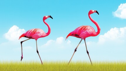 Obraz premium Flamingos walking gracefully on sunny day