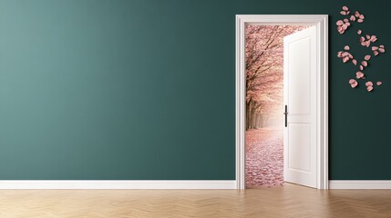 Serene Landscape Doorway with Cherry Blossom Petals Leading to a Tranquil Path in a Modern Interior Space with Green Walls and Wooden Floor