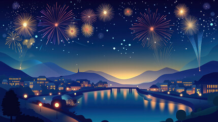 Dreamy city under the fireworks