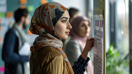 Focused woman in patterned hijab analyzing project materials
