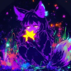 Neon Fox: A vibrant, neon-colored anime fox girl sits in a field of glowing flowers, holding a star and gazing upward with a melancholic expression.
