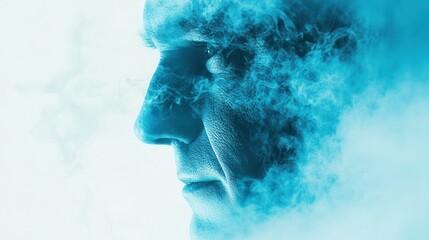 Mystical portrait of man shrouded in blue smoke