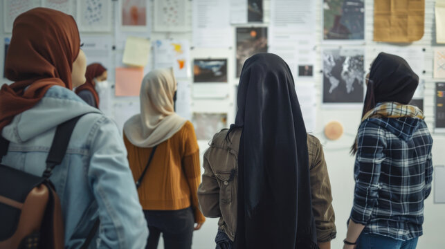 Group of women wearing hijabs analyzing research board together