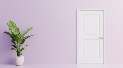 Modern interior with a white door, potted plant, and soft purple wall, creating a serene atmosphere perfect for relaxation or stylish decor inspiration.