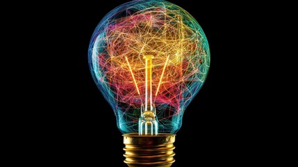 Light bulb with an intricate network of glowing connections inside, symbolizing the flow of ideas and creative thinking, with vibrant colors representing innovation. black background.