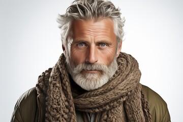 An elderly man with a striking beard and warm scarf, exuding wisdom and style in a contemporary portrait.