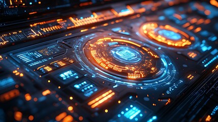 Obraz premium Futuristic technology interface with glowing orange and blue circuits.