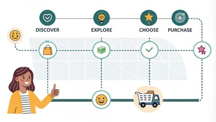 Marketing manager showing a detailed user journey map illustrating customer experience, from discovery and explore to choose, purchase and loyalty