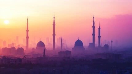 Cityscape at sunset with mosques silhouetted against hazy sky.