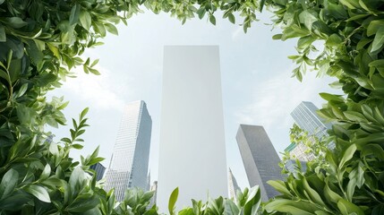 Urban Nature Frame with Empty White Space Surrounded by Lush Green Leaves and Tall Skyscrapers under a Bright Sky in a Modern City Environment