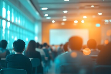 Conference Attendees in a Hall with Screen and Windows