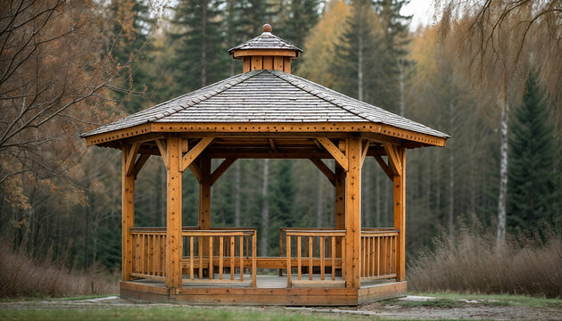 Wooden Gazebo in Autumn Forest: A charming wooden gazebo with a gabled roof stands nestled amidst a backdrop of autumnal trees.