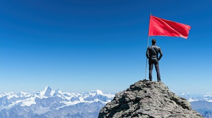 Obraz premium Conquering new heights man planting flag at mountain summit snowy landscape inspirational viewpoint