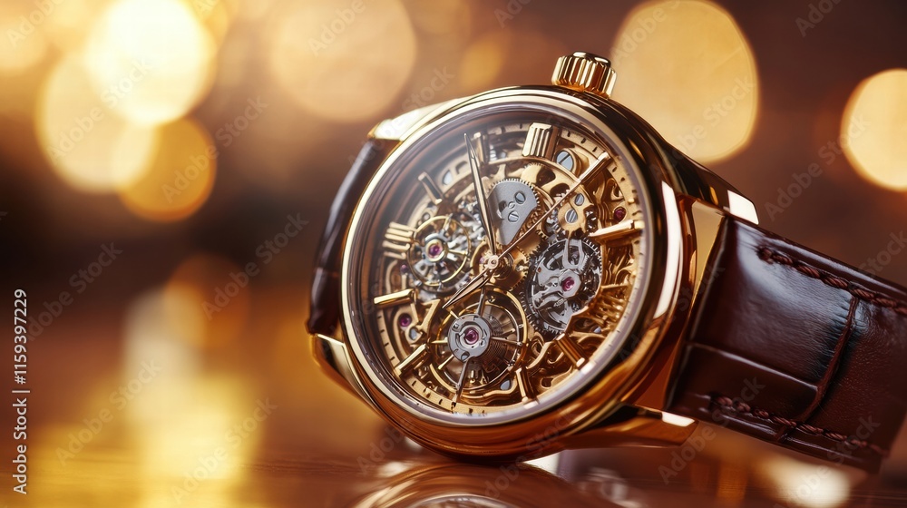 Poster luxury wristwatch features intricate design with golden frame and leather strap during elegant eveni