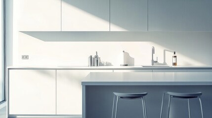 Modern minimalist kitchen design with minimal furnishings. Featuring a clean, open layout with sleek lines