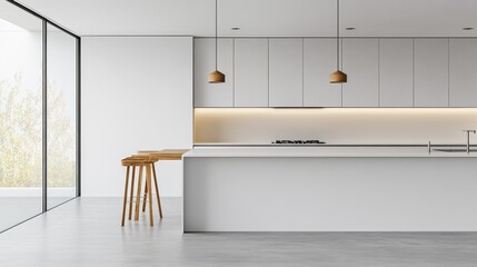 Modern minimalist kitchen design with minimal furnishings. Featuring a clean, open layout with sleek lines
