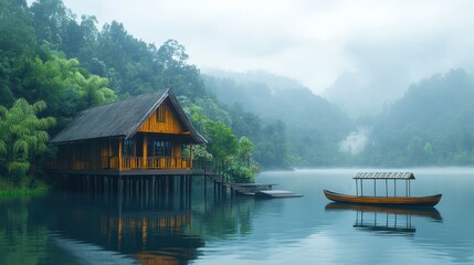 Naklejka premium lakeside scene featuring a rustic wooden house built on stilts, situated over calm waters. The house has slanted roof and is surrounded by lush greenery, including palm trees and dense forested hills