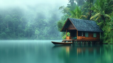 Obraz premium lakeside scene featuring a rustic wooden house built on stilts, situated over calm waters. The house has slanted roof and is surrounded by lush greenery, including palm trees and dense forested hills