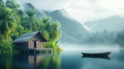 Fototapeta premium lakeside scene featuring a rustic wooden house built on stilts, situated over calm waters. The house has slanted roof and is surrounded by lush greenery, including palm trees and dense forested hills