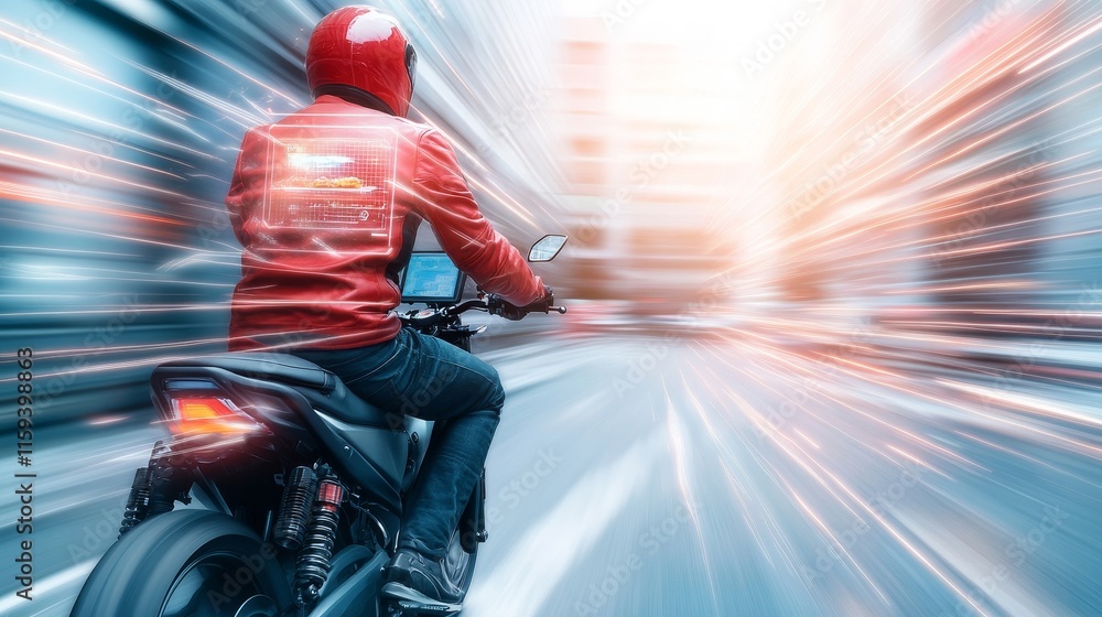Poster dynamic action shot of a motorcyclist wearing a red jacket riding through a city with motion blur ef