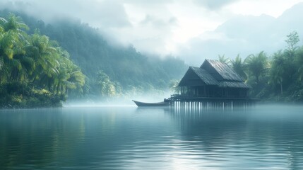 Fototapeta premium lakeside scene featuring a rustic wooden house built on stilts, situated over calm waters. The house has slanted roof and is surrounded by lush greenery, including palm trees and dense forested hills
