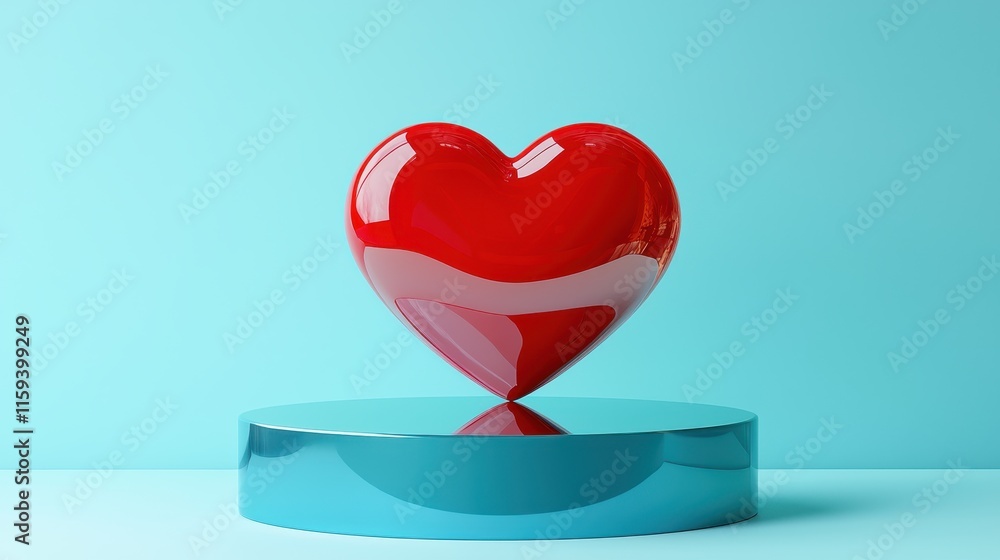 Poster glossy red heart shape on round base against soft blue background