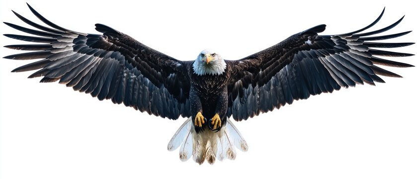 Majestic bald eagle in flight, wings outstretched against a white background.