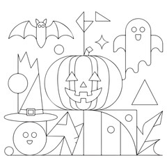 Halloween coloring page for kids. Cute line art, book page ghost, pumpkin Jack, witch, candy, night, potion. Suitable for printing.