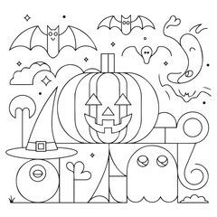Halloween coloring page for kids. Cute line art, book page ghost, pumpkin Jack, witch, candy, night, potion. Suitable for printing.
