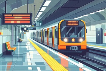 Fototapeta premium Colorful subway train arriving at a modern urban station