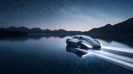 Transparent Futuristic Car Glides Across Starry Lake at Night