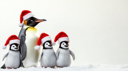 Fototapeta premium Penguins wearing Santa hats enjoying the snow.