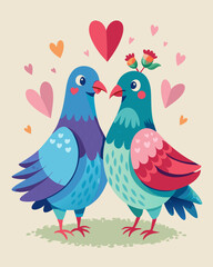 Romantic Valentine's Day Illustration of Lovebirds with Hearts and Floral Accents.