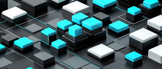 Abstract 3D Cubes: A Symphony of Black, White, and Cyan