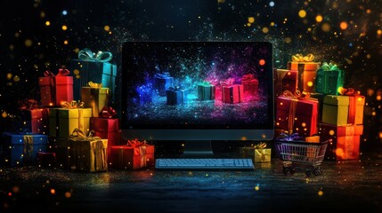 modern computer monitor set against a black background. Surrounding the monitor are several colorful gift boxes, each adorned with ribbons and bows, suggesting a festive or celebratory