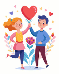 Adorable Couple Holding a Heart with Romantic Floral Background for Valentine's Day.