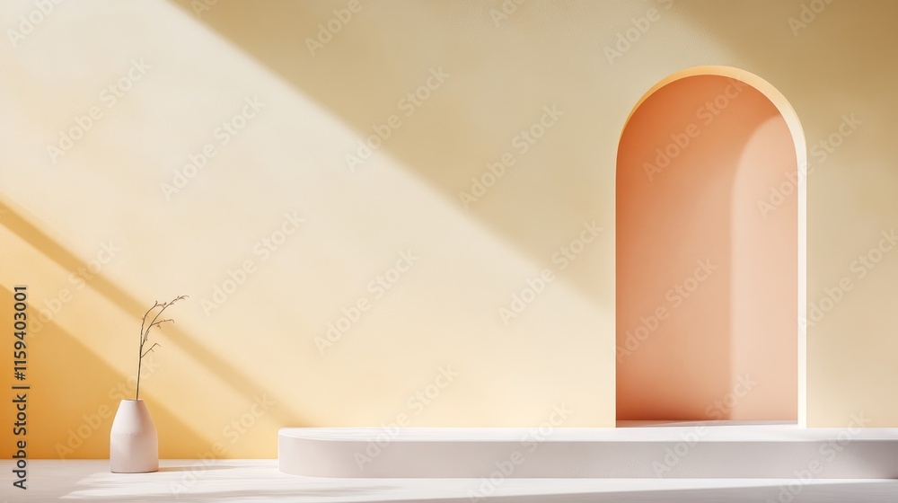 Poster modern minimalist interior with soft color palette and architectural arch design featuring a vase an