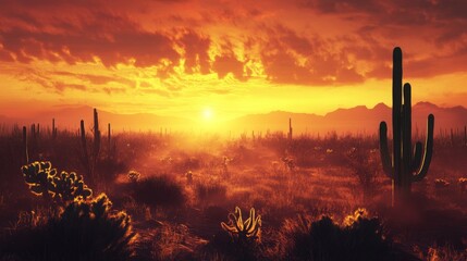Desert cacti at sunset, orange sky and mountains.