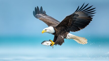 Obraz premium Majestic Bald Eagle Soaring Over Tranquil Waters with Freshly Caught Fish Clutched in Talons, Displaying Strength and Grace in Nature's Splendor