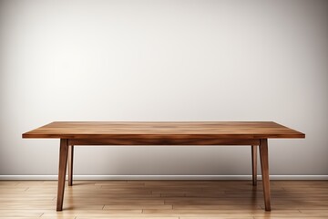 Simple wooden table in a minimalist interior setting, perfect for dining or workspace, enhancing modern home decor.