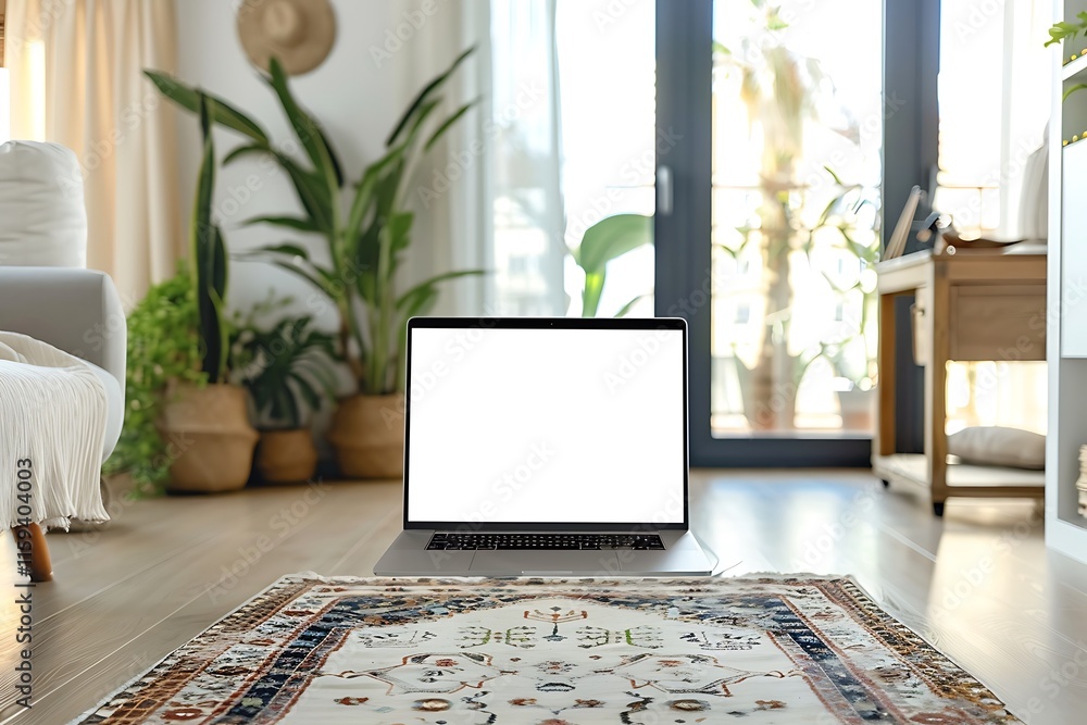 Poster a tablet with a blank screen in a modern office, with a blank screen for product display and adverti
