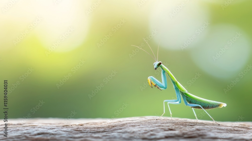 Poster close-up of a green praying mantis in a natural environment with a stunning bokeh background highlig