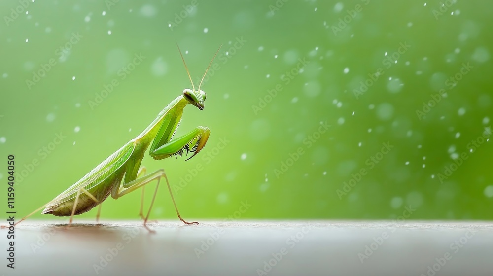 Poster close-up view of a green praying mantis in a natural environment with a soft focus background and ge