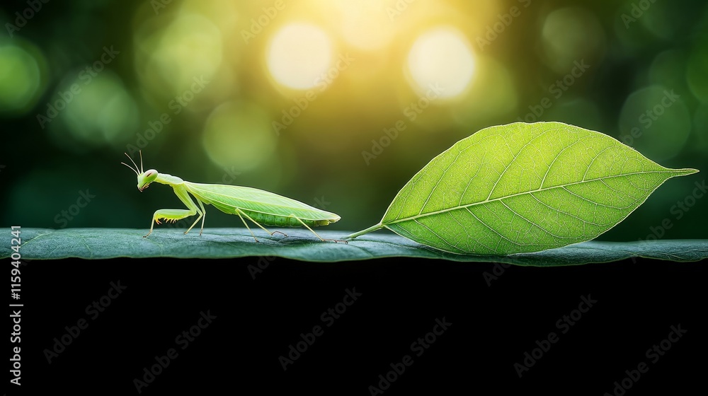 Aufkleber close-up of a green praying mantis crawling on a leaf with gentle sunlight and bokeh background crea