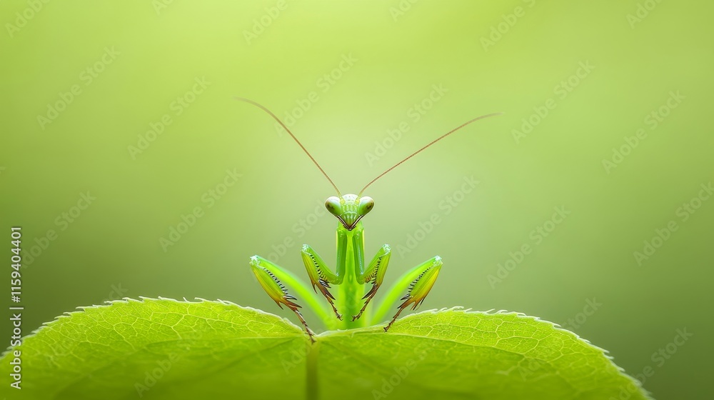Poster close-up view of a green praying mantis sitting on a leaf with soft blurred background highlighting 