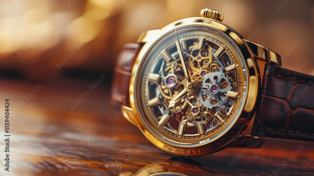 Poster exquisite luxury wristwatch featuring a golden frame and intricate design showcased on a wooden surf