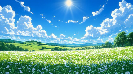 An anime-style cartoon depicting a green summer meadow under a blue sky with clouds.