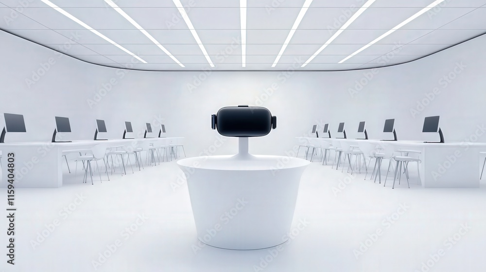 Poster a sleek office with employees using 5g-enabled virtual reality devices in a hybrid work environment 