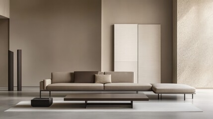 Modern minimalist living room with minimalistic furniture. Featuring a clean, open layout with sleek lines